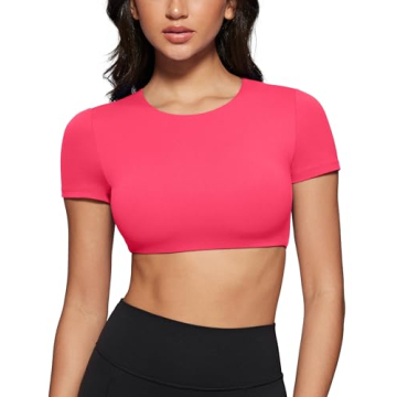 INGIA Womens Crew Neck Short Sleeve Crop Tops with Padded Support for Yoga and Casual Wear