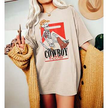 Women Short Sleeve T-Shirt Funny Cowboy Graphic Tees Casual Blouse (Beige, L)