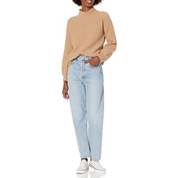 Goodthreads Women's Boucle Shaker Stitch Balloon-Sleeve Sweater, Camel Heather, Small