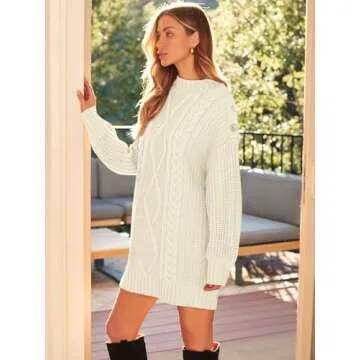 LILLUSORY Women's Crewneck Oversized Sweater Dress 2024 Fall Fashion Cable Knit Long Sleeve Dresses Chunky Pullover Tops Apricot M