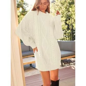 LILLUSORY Women's Crewneck Oversized Sweater Dress 2024 Fall Fashion Cable Knit Long Sleeve Dresses Chunky Pullover Tops Apricot M