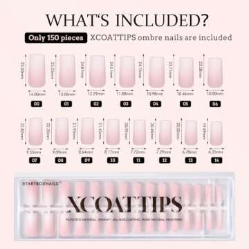 BTArtboxnails XCOATTIPS Ombre Nails - Square Press on Nails Long, 150Pcs Nail Tips Pink White Gradient Soft Gel False Nail Tips Soak Off Fake Nails Extensions DIY 15 Sizes
