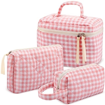 Paterr 3-Piece Cotton Quilted Makeup Bag Set - Cute Kawaii Aesthetic for Women
