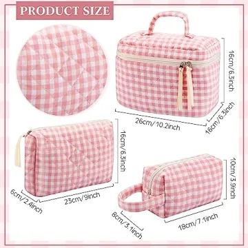 Paterr Cotton Quilted Makeup Bag Set Kawaii Aesthetic Pink Plaid