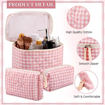 Paterr Cotton Quilted Makeup Bag Set Kawaii Aesthetic Pink Plaid