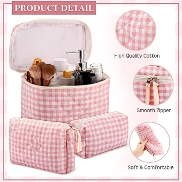 Paterr Cotton Quilted Makeup Bag Set Kawaii Aesthetic Pink Plaid