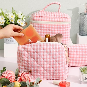 Paterr Cotton Quilted Makeup Bag Set Kawaii Aesthetic Pink Plaid