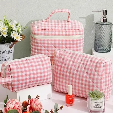 Paterr Cotton Quilted Makeup Bag Set Kawaii Aesthetic Pink Plaid