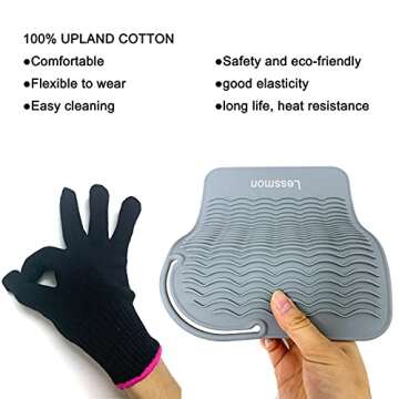 Flat Iron Travel Mat, Curling Iron Counter Protector with Heat Resistant Glove for Curling Irons, Hair Straightener, Flat Irons and Hair Styling Tools, 9” x 6.5”, Gray by Lessmon