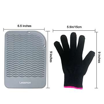 Flat Iron Travel Mat, Curling Iron Counter Protector with Heat Resistant Glove for Curling Irons, Hair Straightener, Flat Irons and Hair Styling Tools, 9” x 6.5”, Gray by Lessmon