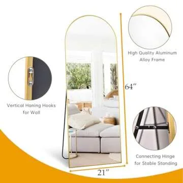 Dewfig Arched Full Length Mirror, 64"*21", Large Floor Mirror with Stand, Full Body Mirror Standing Mirror for Leaning or Hanging Bedroom, Living Room,Dressing Room, Aluminum Alloy Frame, Gold