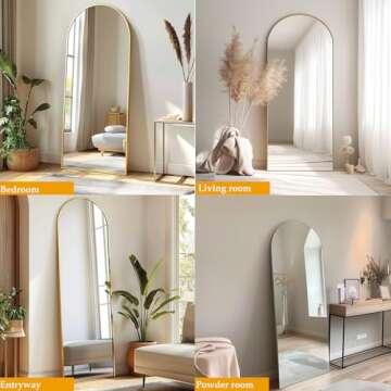 Dewfig Arched Full Length Mirror, 64"*21", Large Floor Mirror with Stand, Full Body Mirror Standing Mirror for Leaning or Hanging Bedroom, Living Room,Dressing Room, Aluminum Alloy Frame, Gold