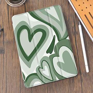 Idocolors Matcha Green Love Heart Pad Case Cute Girly Anti-Scratch Shockproof with Pencil Holder Lightweight Smart Trifold Stand Case for 8th Generation ipad (Model Number: A2270/A2428/A2429/A2430)