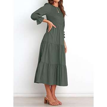 BTFBM Women Casual Long Sleeve Dress Fall Dresses 2025 Solid Color Relaxed Fit Smocked Tiered Flowy Boho Long Dresses(Solid Army Green,Small)