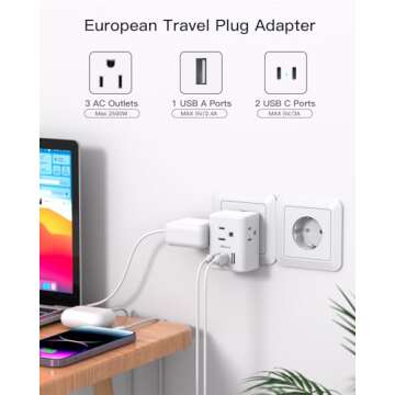 2 Pack European Travel Plug Adapter, International Power Plug Adapter with 3 Outlets 3 USB Charging ...