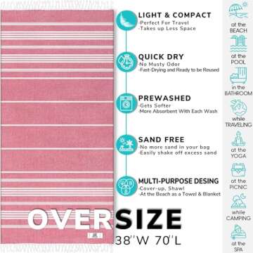 EPHESUS TOWELS Turkish Beach Towel - 38x70 inch Oversized - Sultan Design - Turkish Towel for Beach, Bath, Pool, Gym, Yoga - Prewashed, Lightweight, Quick Dry (Pink)