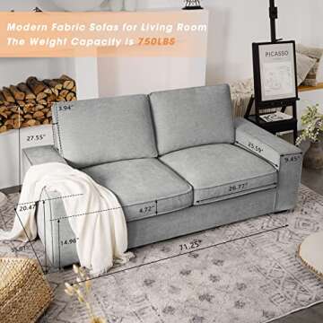 LEISLAND 71.25" Modern Sofas for Living Room, Chenille Loveseat Couch with Solid Wood, Metal, Square Arm and Removable Cover, Small Sofas Couches for Small Spaces, Easy to Install(Light Grey)