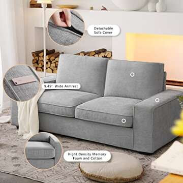 LEISLAND 71.25" Modern Sofas for Living Room, Chenille Loveseat Couch with Solid Wood, Metal, Square Arm and Removable Cover, Small Sofas Couches for Small Spaces, Easy to Install(Light Grey)
