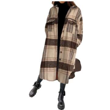 SeekMe Women's Plaid Brushed Wool Shacket Flap Pocket Lapel Button Down Long Shirt Jacket(0461-Brown-S-QB)