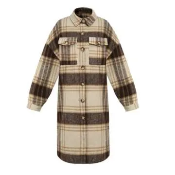 SeekMe Women's Plaid Brushed Wool Shacket Flap Pocket Lapel Button Down Long Shirt Jacket(0461-Brown-S-QB)