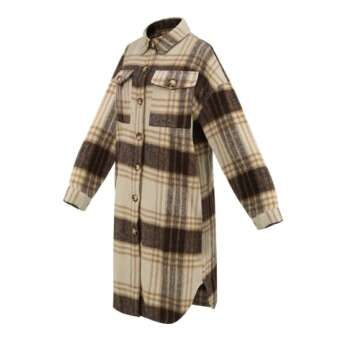 SeekMe Women's Plaid Brushed Wool Shacket Flap Pocket Lapel Button Down Long Shirt Jacket(0461-Brown-S-QB)