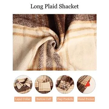 SeekMe Women's Plaid Brushed Wool Shacket Flap Pocket Lapel Button Down Long Shirt Jacket(0461-Brown-S-QB)