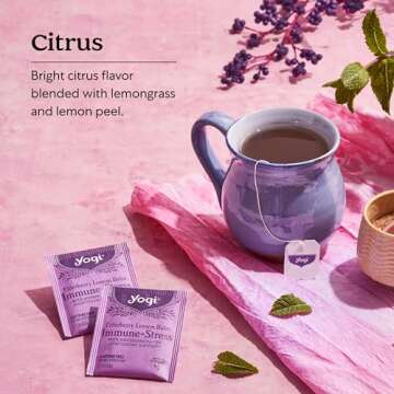 Yogi Organic Elderberry Lemon Balm Immune + Stress Herbal Tea, Caffeine Free, 16 Bags (Pack Of 6)