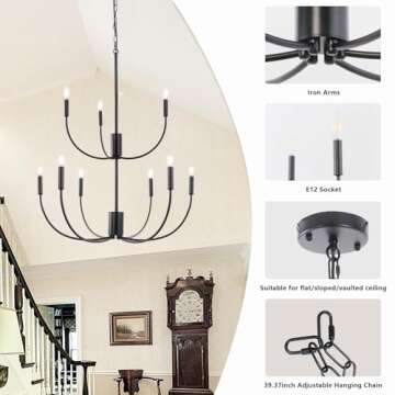 KMaiPem 9 Lights Black Chandelier - Adjustable Farmhouse Pendant Light Fixture
