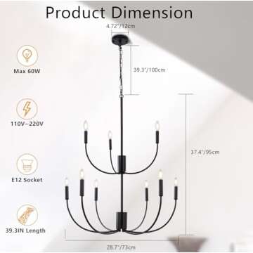 KMaiPem 9-Light Black Farmhouse Chandelier for Home