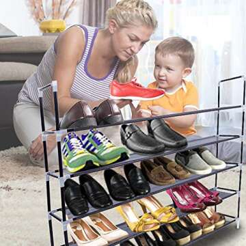 BNJPG Smart Shoe Organizer– 25 Pair Entryway Shoe Rack – Shoe Tower – 5-Tier Stackable Shoe Shelf – Waterproof Fabric – Durable Metal Pipes – Ideal Against Falling Over Piles of Shoes