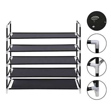 BNJPG Smart Shoe Organizer– 25 Pair Entryway Shoe Rack – Shoe Tower – 5-Tier Stackable Shoe Shelf – Waterproof Fabric – Durable Metal Pipes – Ideal Against Falling Over Piles of Shoes