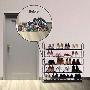 BNJPG Smart Shoe Organizer– 25 Pair Entryway Shoe Rack – Shoe Tower – 5-Tier Stackable Shoe Shelf – Waterproof Fabric – Durable Metal Pipes – Ideal Against Falling Over Piles of Shoes