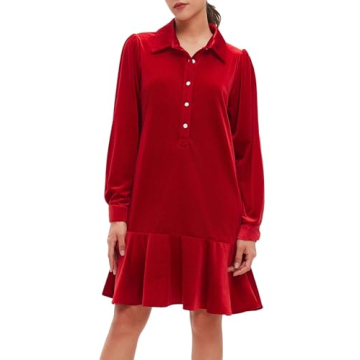 YEXPINE Women's Fall Velvet Dress V Neck Button Down Tunic Shift Dress Flowy Rufflle Hem Mini Party ...