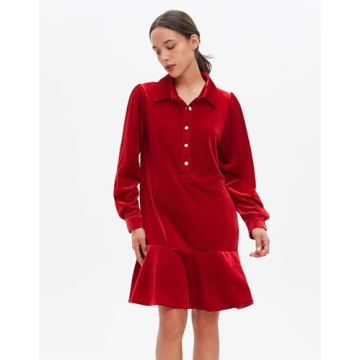YEXPINE Fall Velvet Dress with Pockets and Ruffle Hem