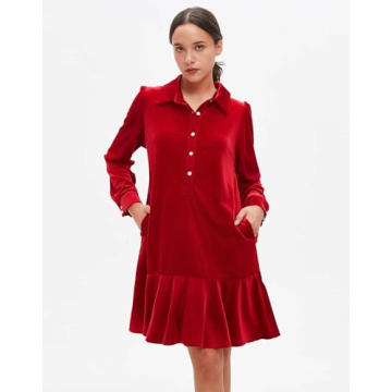 YEXPINE Fall Velvet Dress with Pockets and Ruffle Hem