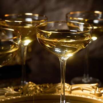 Vintage Crystal Champagne Coupe Gold Rim Glasses | Set of 4 | 7 oz, Gilded Rim Classic Cocktail Glassware - Martini, Manhattan, Cosmopolitan, Sidecar, Daiquiri | 1920s Style Saucer Goblets | Gift Box
