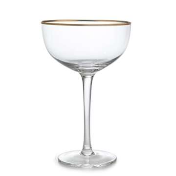 Vintage Crystal Champagne Coupe Gold Rim Glasses | Set of 4 | 7 oz, Gilded Rim Classic Cocktail Glassware - Martini, Manhattan, Cosmopolitan, Sidecar, Daiquiri | 1920s Style Saucer Goblets | Gift Box