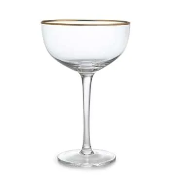 Vintage Crystal Champagne Coupe Gold Rim Glasses | Set of 4 | 7 oz, Gilded Rim Classic Cocktail Glassware - Martini, Manhattan, Cosmopolitan, Sidecar, Daiquiri | 1920s Style Saucer Goblets | Gift Box