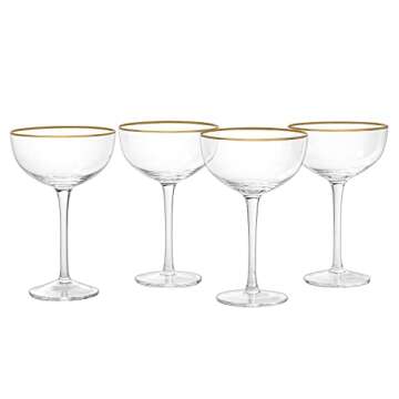 Vintage Crystal Champagne Coupe Gold Rim Glasses | Set of 4 | 7 oz, Gilded Rim Classic Cocktail Glassware - Martini, Manhattan, Cosmopolitan, Sidecar, Daiquiri | 1920s Style Saucer Goblets | Gift Box