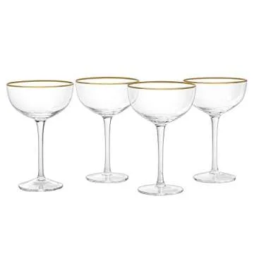 Vintage Crystal Champagne Coupe Gold Rim Glasses | Set of 4 | 7 oz, Gilded Rim Classic Cocktail Glassware - Martini, Manhattan, Cosmopolitan, Sidecar, Daiquiri | 1920s Style Saucer Goblets | Gift Box