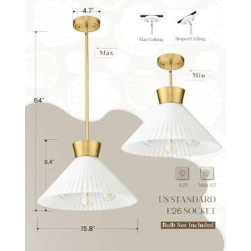 Modern Pendant Light White and Gold, HWH Large Kitchen Island Light Fixtures 16 Inch, 3-Light Hanging Lighting for Dinning Room Schoolhouse, Frosted Striped Glass Shade, 5HZG98MIL-M BG