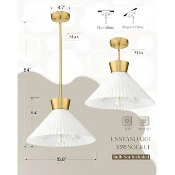 Modern Pendant Light White and Gold, HWH Large Kitchen Island Light Fixtures 16 Inch, 3-Light Hanging Lighting for Dinning Room Schoolhouse, Frosted Striped Glass Shade, 5HZG98MIL-M BG