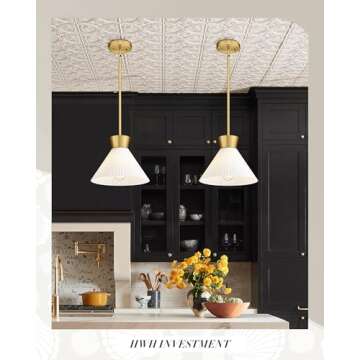 Modern Pendant Light White and Gold, HWH Large Kitchen Island Light Fixtures 16 Inch, 3-Light Hanging Lighting for Dinning Room Schoolhouse, Frosted Striped Glass Shade, 5HZG98MIL-M BG