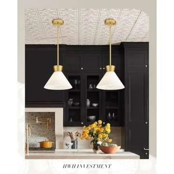 Modern Pendant Light White and Gold, HWH Large Kitchen Island Light Fixtures 16 Inch, 3-Light Hanging Lighting for Dinning Room Schoolhouse, Frosted Striped Glass Shade, 5HZG98MIL-M BG