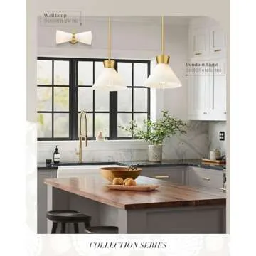 Modern Pendant Light White and Gold, HWH Large Kitchen Island Light Fixtures 16 Inch, 3-Light Hanging Lighting for Dinning Room Schoolhouse, Frosted Striped Glass Shade, 5HZG98MIL-M BG