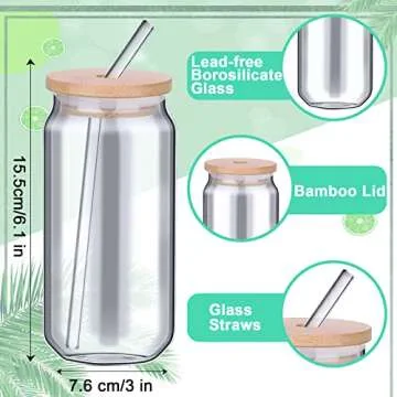Beer Can Glass with Bamboo Lids and Straw 16 oz Drinking Glasses Can Tumbler Clear Glass Cups Reusable Beer Can Shaped High Borosilicate Glass Great for Smoothies, Tea, Cola, Juice,Soda (4pack)