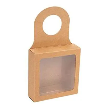 ClearBags Kraft Paper Wine Bottle Box with Window, Size: 3 5/8" x 1 1/8" x 3 5/8", Hanging Foldable Gift Boxes, Holds Truffles, Cookies, Wine Charms, Bottle Stoppers, 25 Pieces FS356A