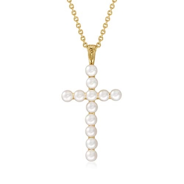 Ross-Simons Cultured Pearl Cross Pendant Necklace in Gold