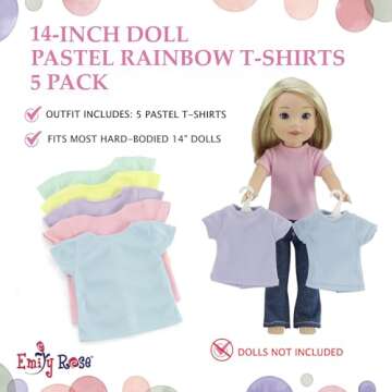Emily Rose 14 Inch Doll Clothes Rainbow Pastels 5-Pack Doll Value Basics T-Shirts Tees | Gift Boxed! | Compatible with 14.5" Wellie Wishers and Glitter Girls Fashion Fashion Dolls