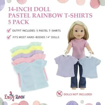 Emily Rose 14 Inch Doll Clothes Rainbow Pastels 5-Pack Doll Value Basics T-Shirts Tees | Gift Boxed! | Compatible with 14.5" Wellie Wishers and Glitter Girls Fashion Fashion Dolls